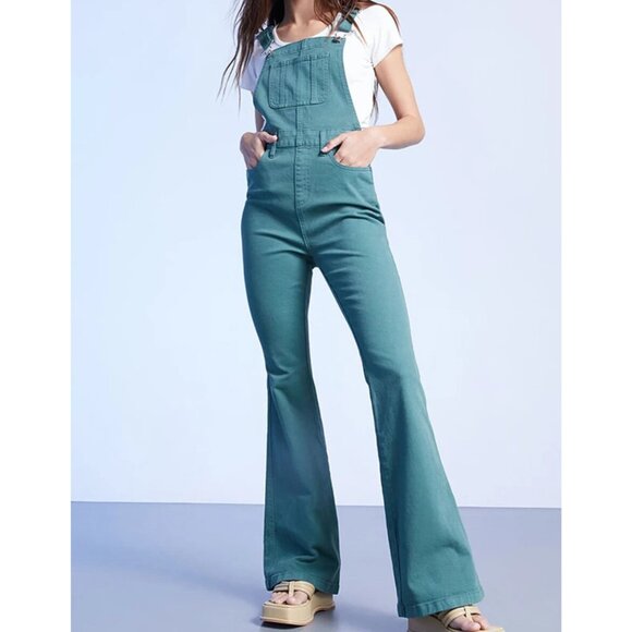 Pacsun Denim Bib Overalls Junior 25 Green Bell Bottom Flare Boho Coachella Rare - Picture 2 of 13